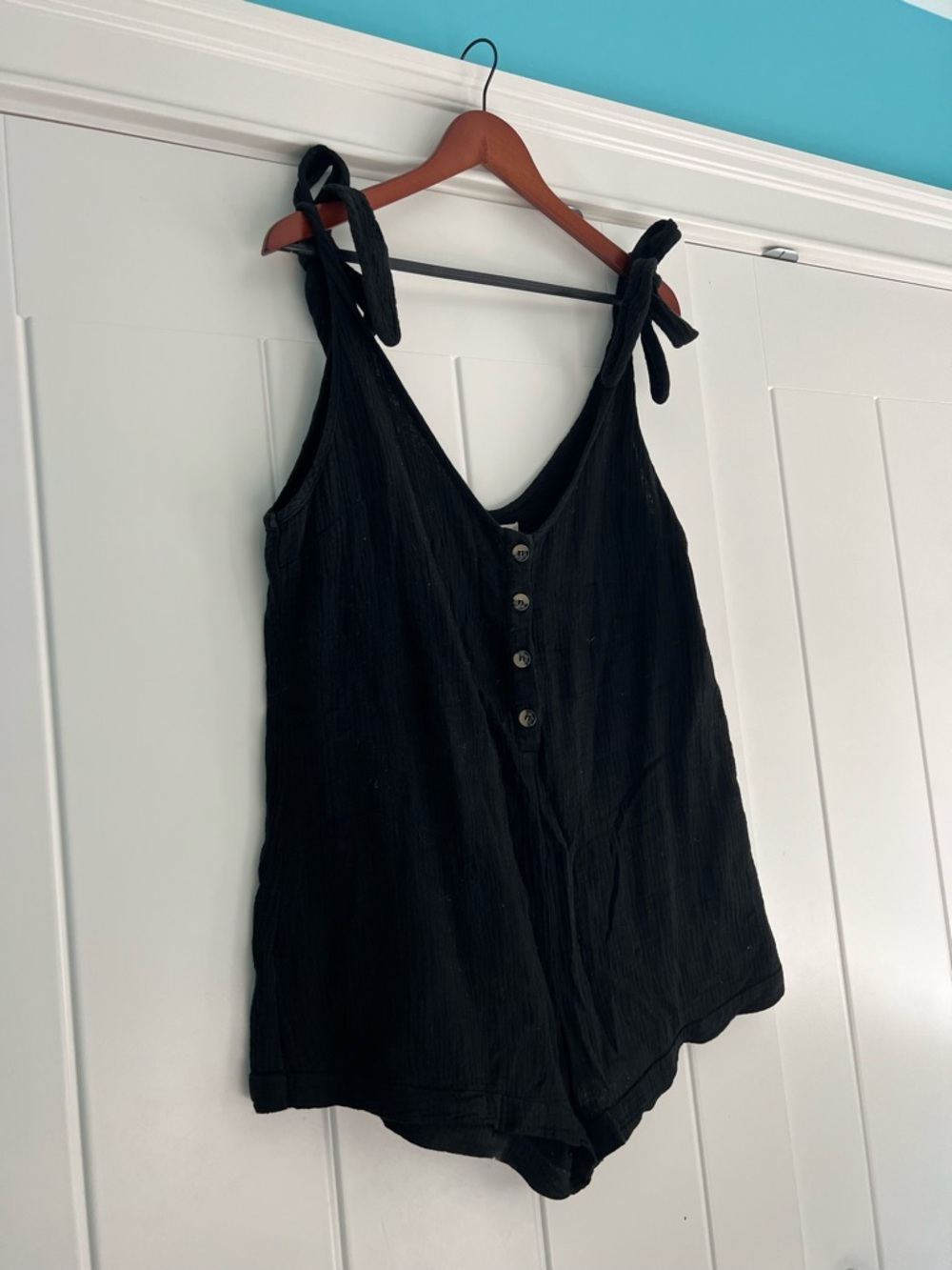 Lost In Lunar Romper - Black Shoulder Tie Button Front Crinkle Romper Playsuit